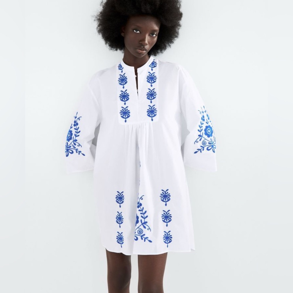 Zara blue floral embroidered mini dress size large